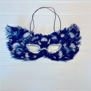 Blue Feather Mask with Glitter & Sequins 11" x 6" Elastic Strap New in Package.